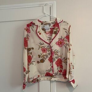 Misa Los Angeles Cream Blouse with Pink Floral Print and Brown Accents